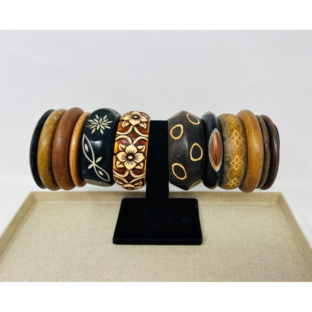 Vintage Wood Ethnic Bangle Bracelet Carved Inlaid Brass Floral Boho Lot of 11